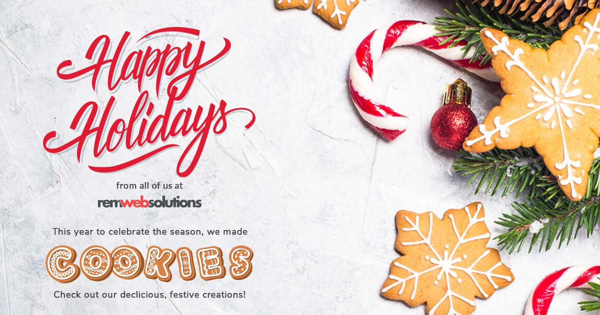 REM Web Solutions Holiday Cookies text on holiday themed background